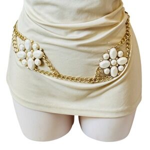 VTG gold tone metal chain regal pearl Belt Necklace High end light chunky 49"